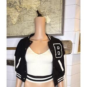 Love Tree Women's Black White Varsity Jacket Letter Striped Ribbing Snap Closure